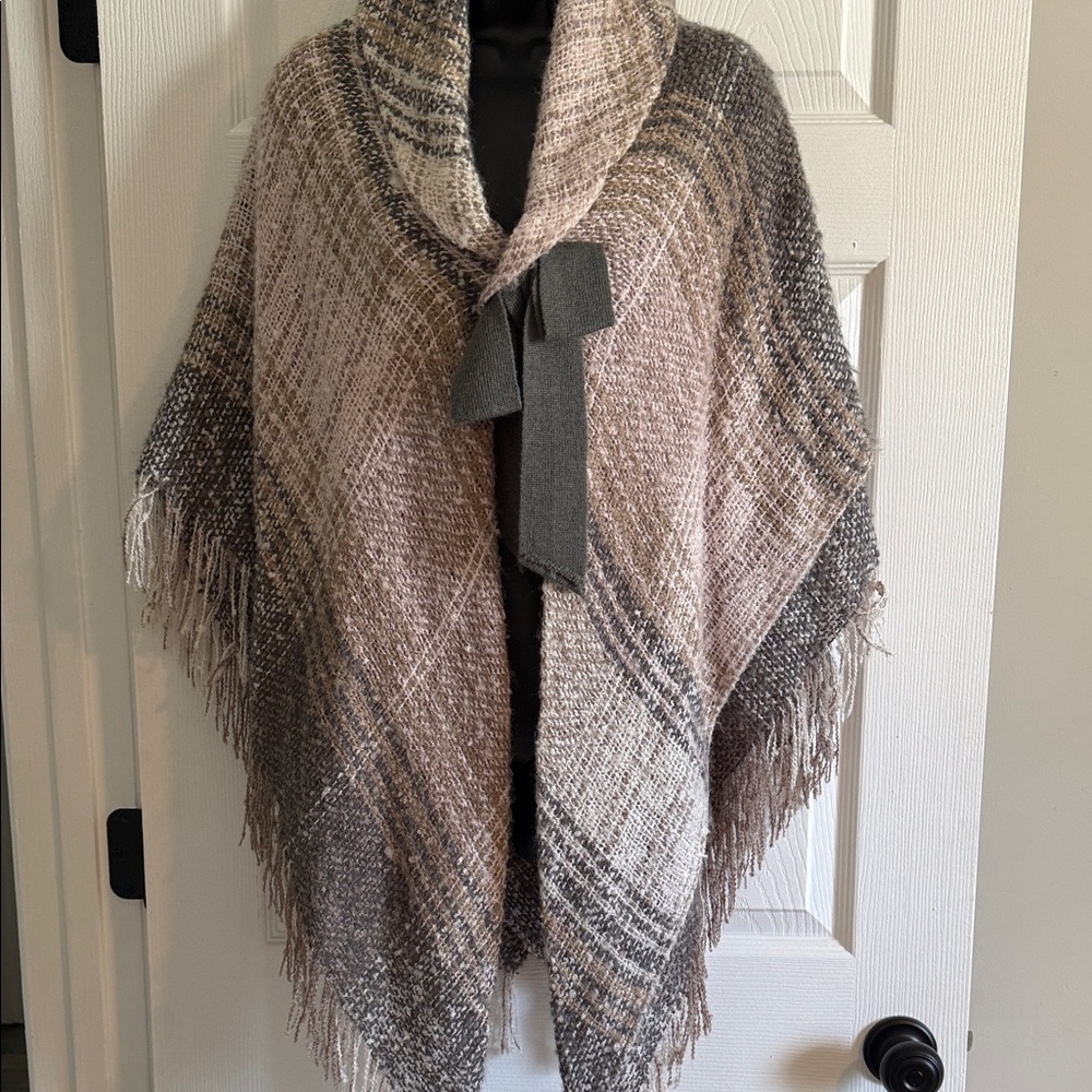 Cozy Shawl Collar Fringed Poncho - Neutral Taupe Blend